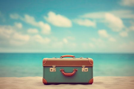 Blue old suitcase on pastel blue sea background. travel concept. minimal style.の素材