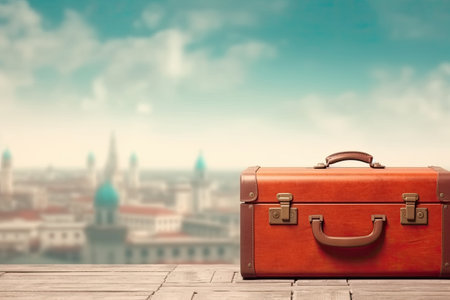 Red leather suitcase on city background. travel concept. minimal style.の素材