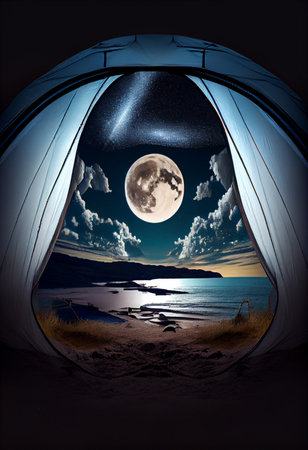 View of the moon from an open tourist tent, hiking and traveling concept. Ai generativeの素材