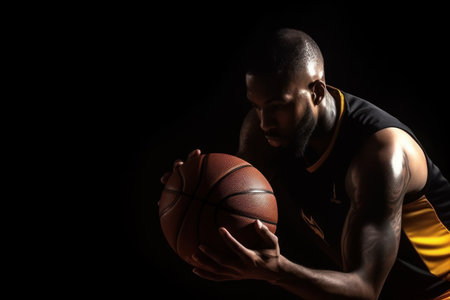 Basketball player concentrating on game. Young african american man holding ball with both hands on black background.の素材