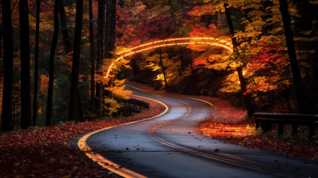Empty asphalt road and mountain natural scenery on a sunny day. Fall time, autumn scene.の素材