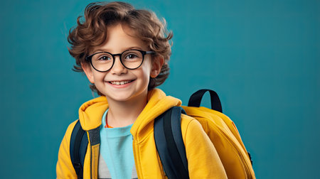 Handsome 7yo little boy in glasses is surprised, inspired, copy space, isolated on blue background.の素材
