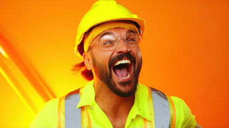 Young handsome worker man wearing uniform and security helmet Crazy and scared afraid and surprised of shock with open mouth on yellow backgroundの素材