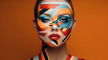 lady with abstract geometric faceart on color backgroundの素材