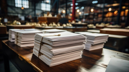 Stacks of paper on warehouse background. Documents for warehouse and accounting reportingの素材