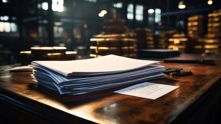 Stacks of paper on warehouse background. Documents for warehouse and accounting reportingの素材