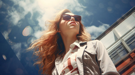Low angle view of young fashionable woman in a city.の素材