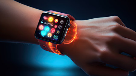 Businessman hand with smart watch, growth investment charts on backgroundの素材