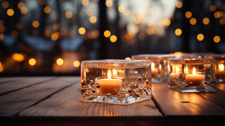 Wood Table Top Counter on night city lights bokeh background,lights blurred bokeh blurred background for montage productの素材