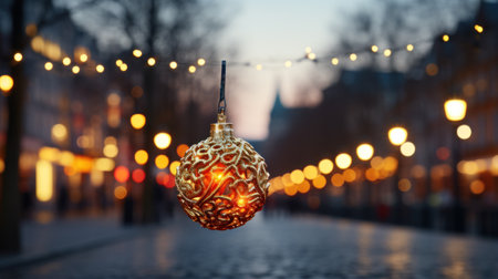 Decorated christmas tree pine on blurred gold background bokeh light bannerの素材