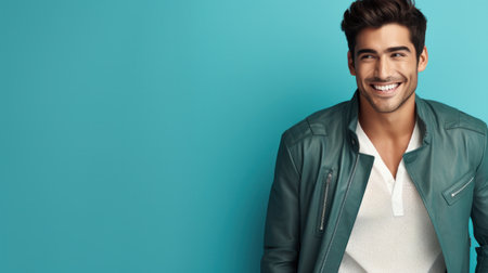 Happy joyful smiling man looking aside up thinking of new good opportunities, dreaming, feeling inspired and proud standing isolated on blue background. Portraitの素材