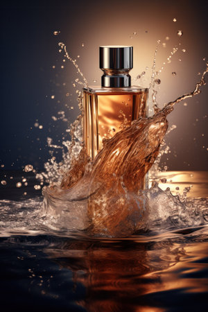 Perfume bottle and water splash around it.の素材