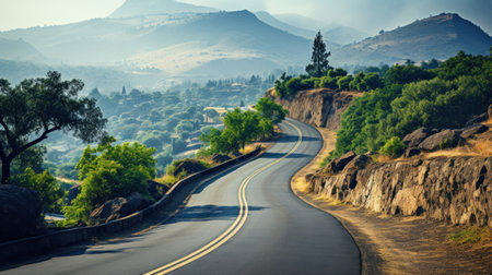 Empty asphalt road and mountain natural scenery on a sunny day.の素材