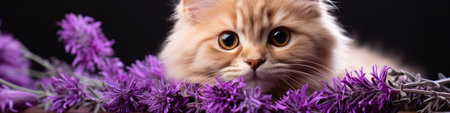 Cute gray cat sitting on a light purple background. Banner with a pet and space for textの素材