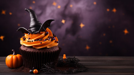 Cupcake on Halloween. Pumpkin Jack o lantern and ghost. Dessert on Halloween party. Muffin decorated with colored sprinkles, frosting and Icing. Dark background with copy space. High quality photoの素材
