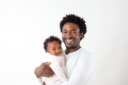 African-american father and son portrait on gradient studio background in neon. Beautiful male models in casual style, white shirt. Concept of human emotions, facial expressionの素材