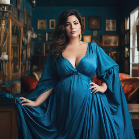 Happy plus-size lady, overweight woman in fashion dress posing in studioの素材