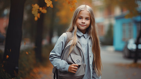 Back to school. Cute girl with backpack going to schoolの素材