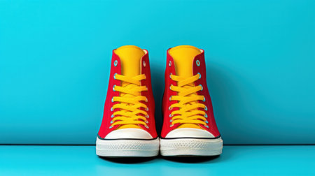Red Classic old school sneakers on blue background.の素材