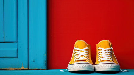 Yellow Classic old school sneakers near by entrance door.の素材