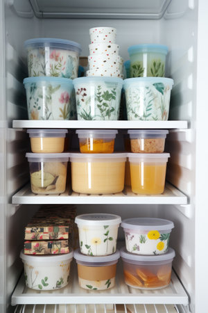 Open fridge with Variety of mixed spices in plastic jars inside.の素材