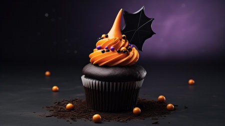 Cupcake on Halloween. Pumpkin Jack o lantern and ghost. Dessert on Halloween party. Muffin decorated with colored sprinkles, frosting and Icing. Dark background with copy space. High quality photoの素材