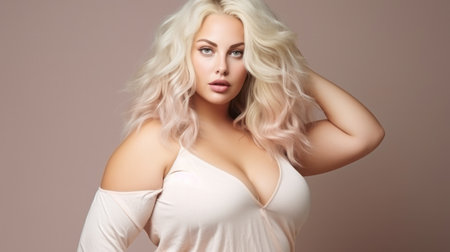 Excited luxury 40 yo plus size woman in front of beige studio backgroundの素材