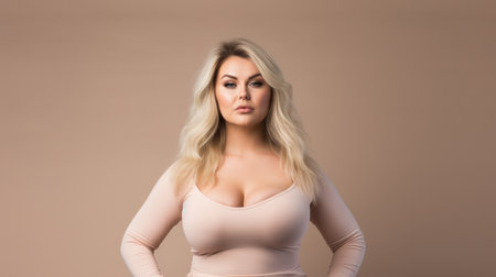 Excited luxury 40 yo plus size woman in front of beige studio backgroundの素材