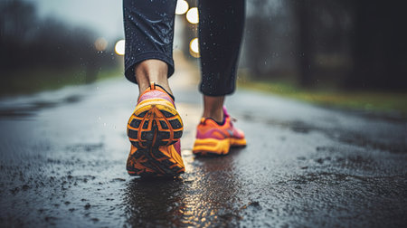 Foot, dirt and running in nature for fitness, exercise and athletic training for health and wellness. Footwear, trail and cardio jogging in running shoes for sporty, physical and healthy lifestyleの素材