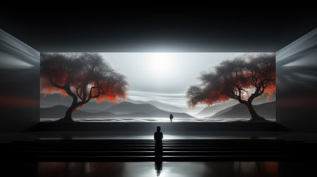 Empty podium with lights effects with bokeh decorations. Luxury scene design conceptの素材