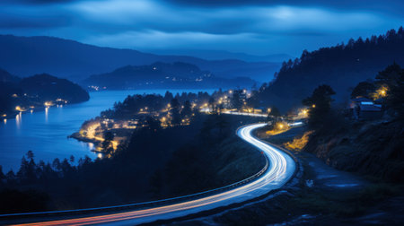 Night lights on mountain road.の素材