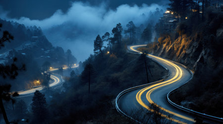 Night lights on mountain road.の素材