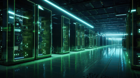 Shot of Corridor in Working Data Center Full of Rack Servers and Supercomputers with High Internet Visualisation Projection.の素材