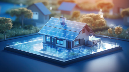 Model of a house using alternative energy sources, visualization. Solar panels.の素材