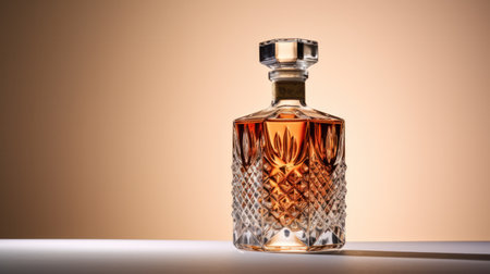 Bottle of amber color premium alcohol, on white background. Ideal for mock-up of whisky, brandy, cognac or rum designの素材