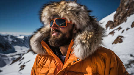 Handsome brutal man wearing a parka and sunglasses. Fashion for men. Autumn, winter.の素材