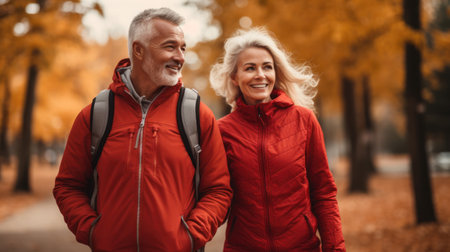 Happy senior couple in autumn parkの素材