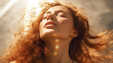 stylish american girl is standing with flying hair from wind at sunset and looking upの素材