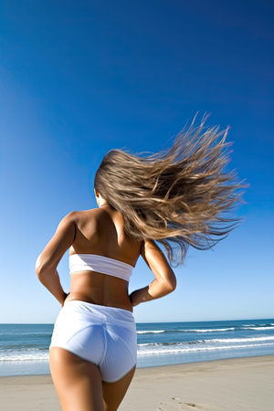 Beautiful sportive woman running along beautiful sandy beach, healthy lifestyle, enjoying active summer vacation near the seaの素材