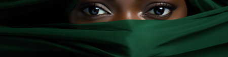 Woman in Nigerian Flag Green White Dress and Headwrap. Nigeria Independence Day. Model in Fashion African Turban over Gray. Muslim Women wearing Green Headscarf drapeの素材