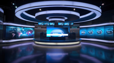 Virtual set of professional broadcast tv studio studio. News room interior.の素材