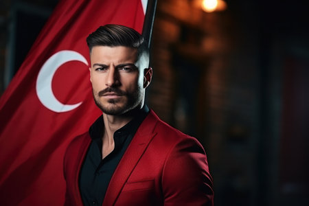 Young businessman with flag of Turkey on backgroundの素材