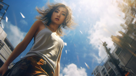 Low angle view of young fashionable woman in a city.の素材