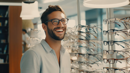 Healthcare, Eyesight And Vision Concept. Happy man choosing glasses at optics store, selective focus.の素材