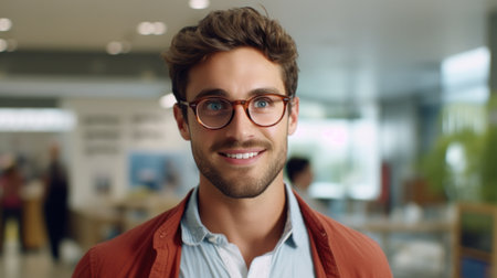 Healthcare, Eyesight And Vision Concept. Happy man choosing glasses at optics store, selective focus.の素材