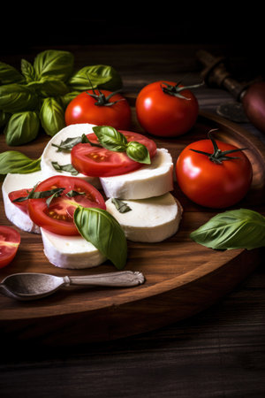 Colourful slices of cheese and tomato arranged alternately on plate and garnished with herbs served with an oil dressing for drizzling.の素材