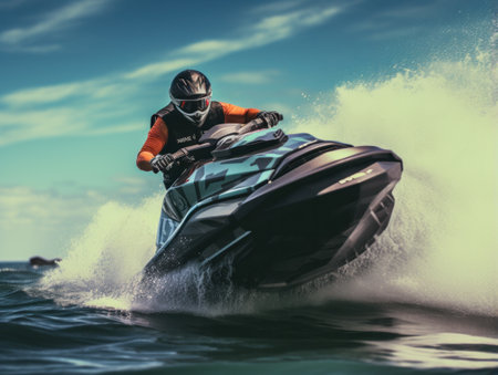 Young Man on water scooter in tropical ocean with big waves.の素材