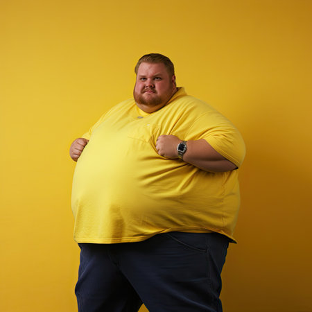 Excited fat man celebrating success. Happy plus size bearded man on yellow background.の素材