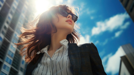 Low angle view of young fashionable woman in a city.の素材