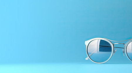Creative layout made of sunglasses, flat lay on blue background. Summer concept. Sunglasses mockup as design element vacation and journeys top view.の素材